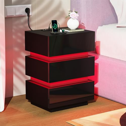 Lvhecforhm Table de Chevet avec Éclairage LED, Noir Table de Nuit avec Station de Charge, Haute Brillante avec 3 Tiroirs, pour Chambre à Coucher 2 Prises et 2 Ports USB
