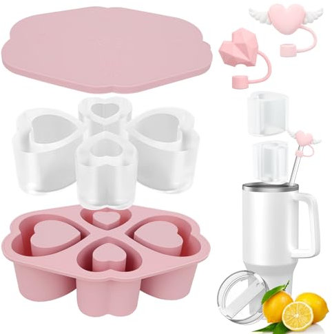 Silicona Cubiteras para Hielo con Tapa para Accesorios Stanley Cup, Cubitos Hielo Grande Reutilizables con 2 Pajitas para Taza para Stanley termo, Ice Cube Tray, Molde Hielo para 30/40 oz, 852/1183 mL