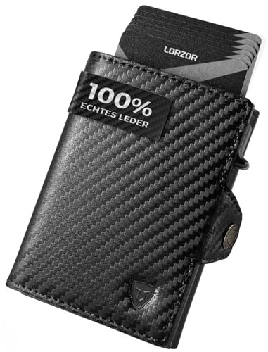 LORZOR® Slim Wallet mit Münzfach, Geldbörse Herren echtem Leder, RFID Blocker Portemonnaie, Portmonee Herren Kartenetui mit Münzfach, Geldbeutel für 10 Karten, Smart Wallet (Carbon schwarz)
