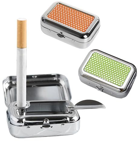 2 Stück Taschenaschenbecher Geruchsdicht Aschenbecher Mit Deckel Reiseaschenbecher Mini Tragbarer Ashtray Mit Zigarettenablage Quadratischer Metall Aschenbecher (Grün, Orange)