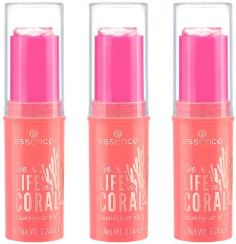 essence live LIFE in CORAL blushlighter stick, Rouge, Nr. 01, Pink, strahlend, schimmernd, vegan, ohne Parabene, ohne Mikroplastikpartikel, Nanopartikel frei, 3er Pack (3x7g)