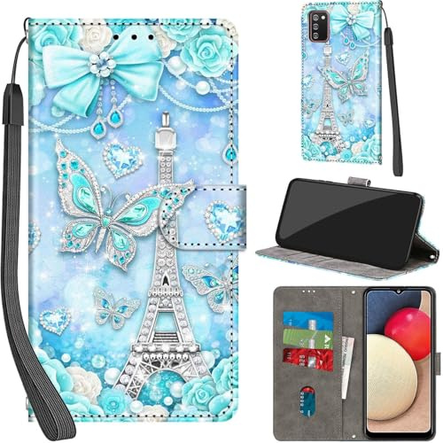 Handyhülle für Samsung Galaxy A02s Hülle, Turm | PU Leder, Klappbar, Kartenfächer, Ständer, Kameraschutz, Brieftasche, Magnet, Stoßfeste, Muster Motiv
