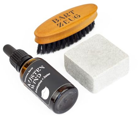 BARTZEUG Bartpflegeset für Männer・Mit Bartöl, Bartseife & Bartbürste・natürliche Bartöl Küstenwind - Eukalyptus x Zeder ・Bartseife grau (Küstenwind) - mit Tonerde ・kleine Bartbürste