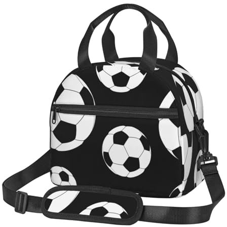 Lonchera versátil con estampado negro de fútbol para mujeres y hombres, lonchera aislada, bolsa térmica para el trabajo y viajes