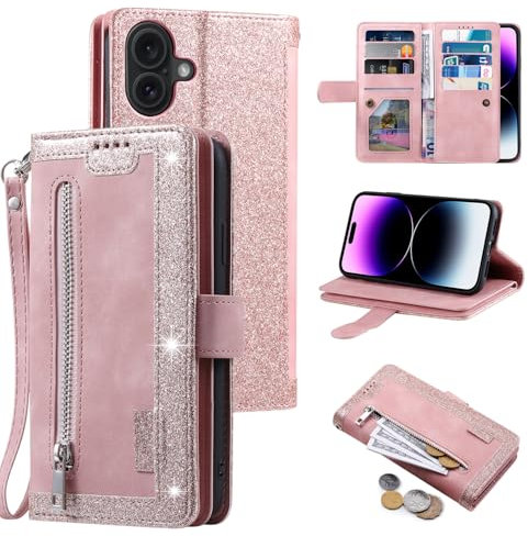 EYZUTAK Coque pour iPhone 16, Etui à Rabat en Cuir Fermeture à Glissière Magnétique Portefeuille avec 9 Emplacements pour Cartes Fonction Stand Etui en Cuir Mat Rétro-Or Rose
