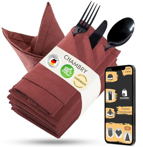 chambry 6 Stoffservietten 100% Leinen Stonewashed - 40cm x 40cm Farbe wählbar – inkl. Faltanleitung als E-Book – Handarbeit Made in Germany – wiederverwendbar, elegant und nachhaltig - Terra Cotta