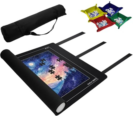 Puzzlematte 94 x 150 cm für bis zu 3000 Teile – Puzzle Matte Roll mit 4 Puzzle Sortierschalen, rutschfeste Puzzle Matte mit Schaumstoffrolle, Aufbewahrungstasche & 3 Klettbändern