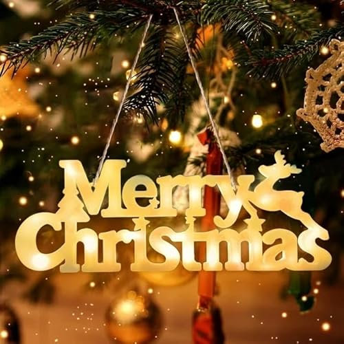 Panneau « Merry Christmas » avec lumière pour porte de sapin de Noël - Ornements lumineux à suspendre - Flocon de neige - Blanc - Taille unique