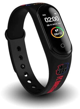 Smartband con cinturino ufficiale FC Barcelona Orologio contapassi con cardiofrequenzimetro, fitness tracker Bluetooth 4.0, braccialetto intelligente con display, per bambini e adulti - Nero e granato