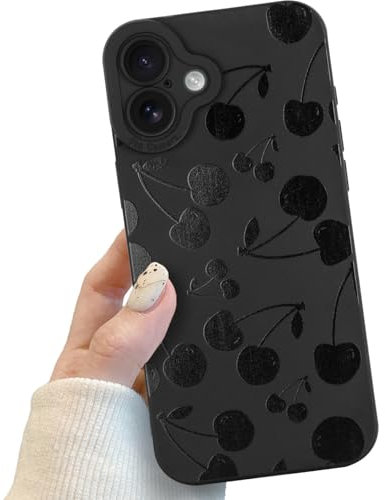 Black Cherry Phone Case for iPhone 16 Plus,Black Cute Cherry Patter for Women Girls, Soft TPU Slim Profile Shockproof Protective Phone Case for iPhone 16 Plus