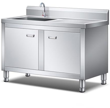 Évier inox Autoportant Éviers en Acier Inoxydable avec Armoires Design à Double Porte avec Bureau de L'opérateur Évier avec Robinets Pieds Réglables for Garage Extérieur Buanderie Commerciale de Resta