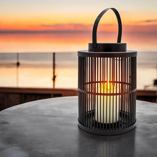 Solar Laterne rund mit Flammeneffekt LED Kerze - 23 cm - Gitter Design Gartenleuchte schwarz - Solarleuchte Gartenlampe Stimmungsleuchte für Garten Balkon Terrasse zum Hängen realistische Flamme