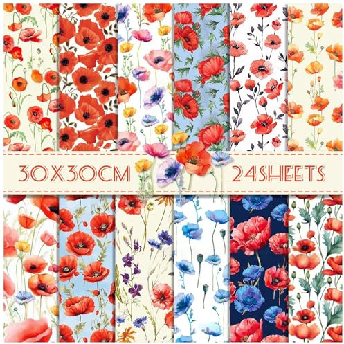 ZAKHSE Bastelpapier 30x30cm, 24 Blatt Mohnblumen Muster Motivpapier Doppelseitig Bedruckt Scrapbook Papier Aquarellblumen Designpapier für DIY Kartengestaltung Scrapbooking Zubehör, 12 Designs, Rot