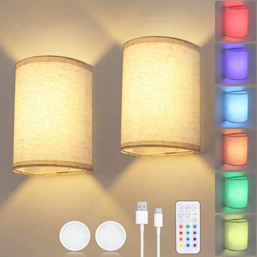 Glowlit Battery Operated Wall Lights Indoor Rechargeable Wall Lights with Remote, 13 Colors Detachable Dimmable Bulbs, 2 Pack Wireless Wall Sconce with Fabric Shade for Bedroom Living Room