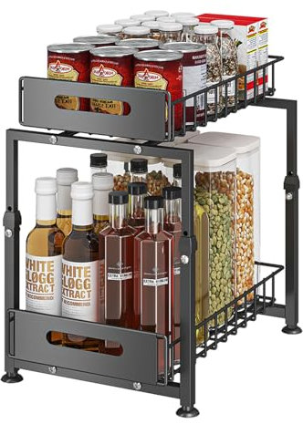 YunNasi Unterschrank Organizer küchenschrank mit 2 Etagen küchenregal Arbeitsplatte Metall Unterspüle für Badezimmer (Schwarz, Modell-B)