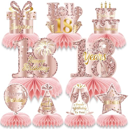 18th Birthday Table Decorations for Girls 9PCS 18th Rose Gold Birthday Decorations Honeycomb Centerpieces for Girls Daughter Niece Granddaughter Sister