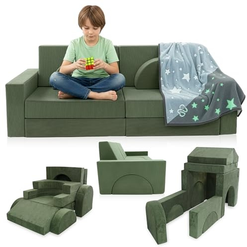Cubby Couch 12-Piece Modular Kids Play Couch - Soft & Durable Toddler Couch with CertiPUR US Foam, Washable Covers - Playroom Furniture, Kids Sofa for Lounge, Living Room & Playroom - Green