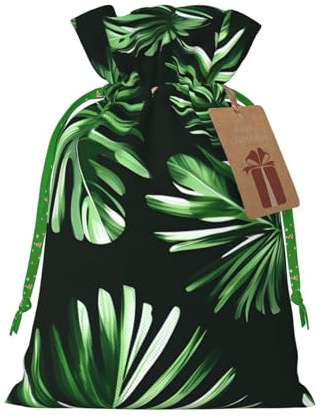 Green Leaves of Palm Tree Tropical Plant Print Birthday Gifts Wrap Bag Unique Drawstring Gifts Bag Canvas Bags for Party Wedding Present,1 Piece S