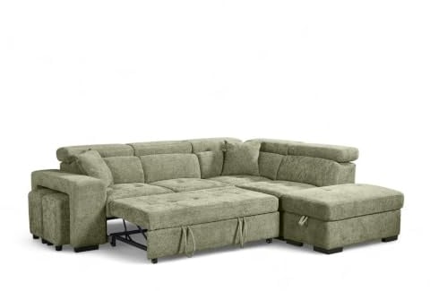 Chenille Green L Shaped Corner Sofa Bed with Storage Ottoman, Adjustable Headrests and 2x Foot Stools - Durable Fabric Modular Sectional Pull Out Sofa Bed 4 Seater with Black Metal Feet - RIGHT HAND