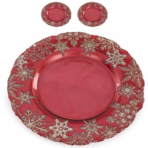 Gruppo Maruccia - Piatti Natalizi - Vetro Rosso con Fiocchi di Neve Dorati in Rilievo - Set 2 Pezzi - Diametro 33 cm