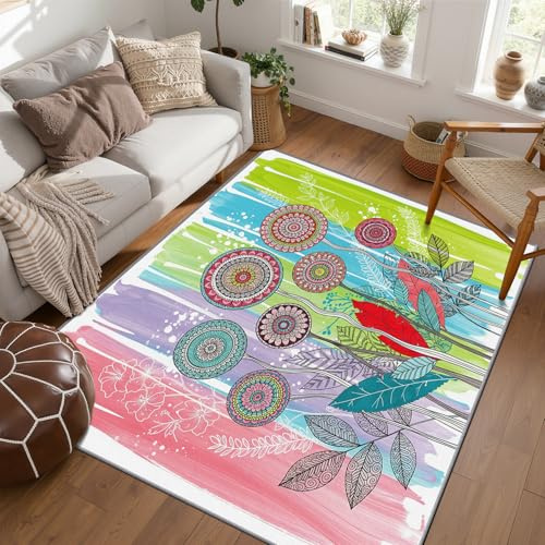 PaxGloz Bunte Blumen Teppich - Teppiche Wohnzimmer Schlafzimmer Aquarell Regenbogen Streifen, Großer Teppich Mandala, Weich Kurzflor & Waschbar & rutschfest Bettvorleger 120x120 cm