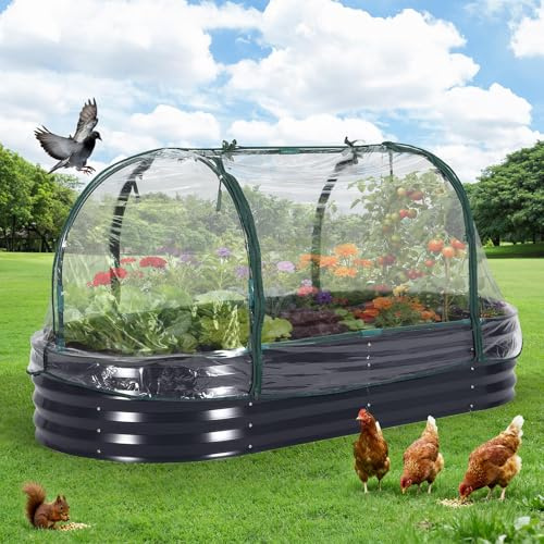 Hochbeet Metall 180x90x30cm Mit Abdeckung, Ovales Gartenbeet Mit Reißverschluss-Netz, Offener Boden Für Drainage, Stabiles Pflanzbeet Für Gemüse Kräuter Blumen Garten Terrasse Balkon, Grau