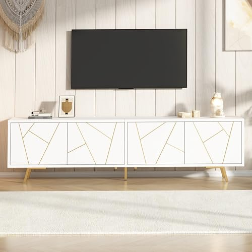 RAPRAP 190cm Tv Schrank Holz mit 4 Türen & Goldakzenten, Tv Lowboard Stehend 60 Kg Belastbar Für Grosse Bildschirme, Lowboard Holz Weiss/Gold Geometrisch, Fernsehschrank Freistehend,190cm b