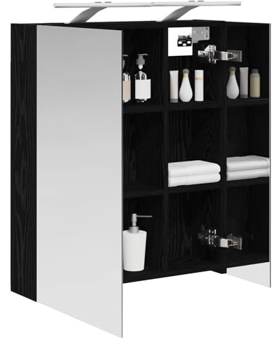 vidaXL Badezimmerspiegelschrank Schwarz Eichen-Optik 60 x 14,5 x 70 cm, Badezimmermöbel, moderner, rechteckiger Aufbewahrungsschrank, Wandspiegel, verstellbare Regale, praktisch