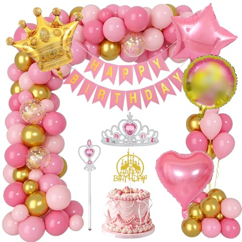 Geburtstagsdeko Mädchen Rosa Gold Set, Prinzessin Geburtstag Party Deko Luftballons Konfetti mit Tiara Krone Zauberstab Cake Topper Happy Birthday Banner Krone Ballon für Kinder Partydeko
