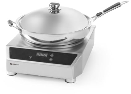 HENDI Induktionswok mit Induktionswokpfanne, ø380mm, mit einfach zu reinigendem Fettfilter, Digitale Regelung von Leistung, 230V, 3500W, 340x459x(H) 120, Edelstahl