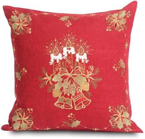 HanaQi Weihnachten Kissenhülle Tischläufer Tischdecke Dunkelrot Leinen-Optik Rot Kerzen Stickerei ca. 40x40 cm
