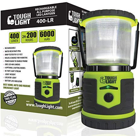 Tough Light USB Rechargeable Camping Lantern, 400 Lumens LED Lantern, Hanging Tent Lamp, 6000mAh Power Bank, 200 Hour, 6 Modes, for Outdoors & Emergency