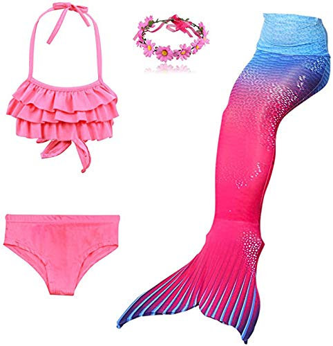 DAXIANG 3 Pièces Maillot de Bain Princesse Queue de Sirène Mermaid Bikini Déguisement pour Enfant Fille (10-12 Ans, Rosebleu)