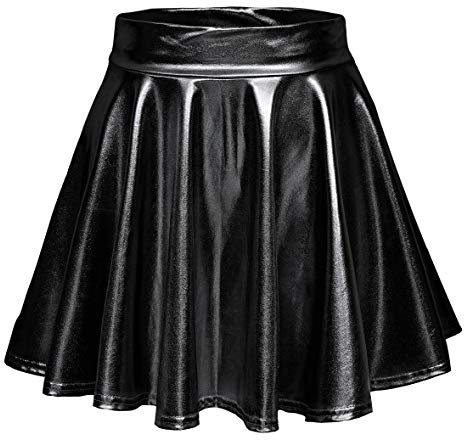Damen Glänzend Höhe Taille Liquid Mini Rock Metallisch Elastische Taille A-Linien Pull On Skater Röcke (M, Schwarz)