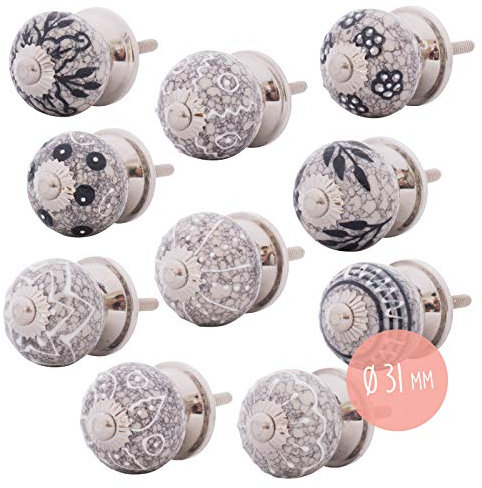 Knober Möbelknopf Keramik Marmoriert Porzellan Landhausstil Shabby-Chic Schrankknopf Türgriff (02. Mix-Set 10 Stück klein Ø31mm)