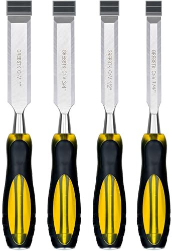GREBSTK Holz Meißel Set für Holzbearbeitung, 4 tlg. Chrom Vanadium Stahl Schräge Kante Bank Meißel mit Kappe, bequemer extra großer PVC High Impact Griff