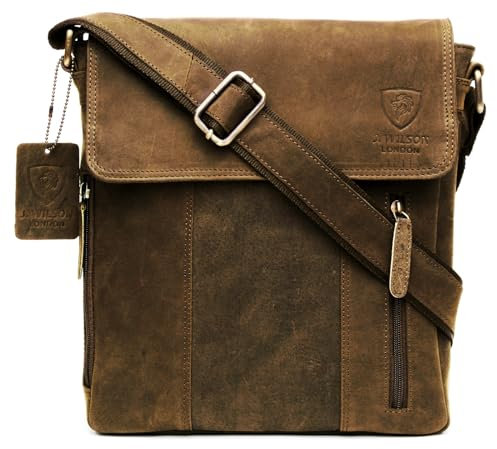J. Wilson London 100% Pure Genuine Real Vintage Hunter Handmade Mens Women Leather Flapover Everyday Crossover Shoulder Work iPad Messenger Bag