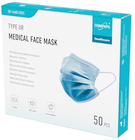 EUROPAPA® Blau Medizinisch Type IIR Norm EN14683 TÜV CE zertifizierte Mundschutzmasken OP Masken 3-lagig Mundschutz Gesichtsmaske Einwegmaske BFE ≥ 98%, 1 Box (50 Stück)
