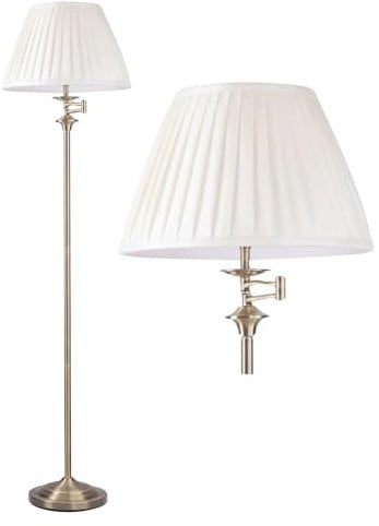 Eton - Swing Arm Floor Light Lamp Stand in Antique Brass with White Pleated Shade - Modern Class Style