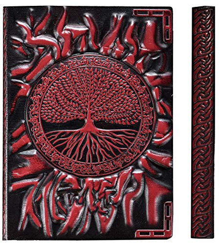 YHH Carnet A6 Couverture Rigide, Carnet de Notes Relief, 200 Pages Ligné & Blanc, Fait Main, Cahier de Voyage, Journal Intime Cuir, Notebook Calepin, Idée Familial Scolaire, 3D Arbre de vie Cramoisi