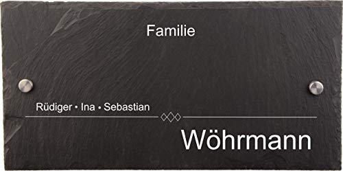Türschild mit Namen, Haustürschilder – Türschilder mit Gravur, Haustürschild Familie, Türschild personalisiert aus NATURSCHIEFER und 2 Edelstahl Abstandshaltern 30cmx15cm.