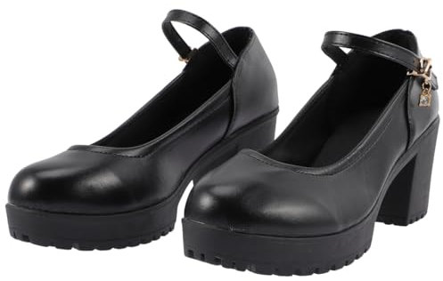 Holibanna Vintage Womens Leather Classic Platform Chunky Mid Heel Dress Pump Shoes Platform Mary Janes Pumps Ankle Buckle Round Pumps Black