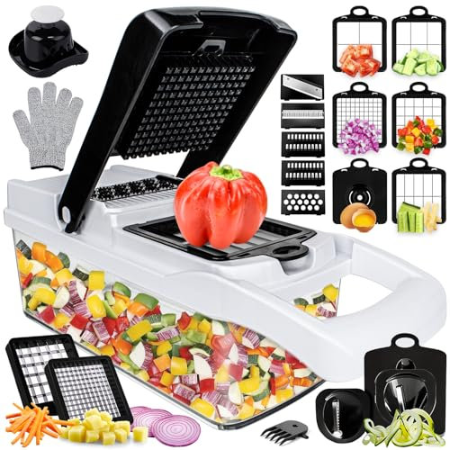 Picador de verduras y mandolina 25 en 1 – Picador de alimentos con recipiente y espiralizador de verduras – Cortador de verduras, cortador de verduras, cortador y rebanador para ensalada, cebolla,