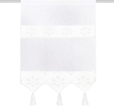 HOME WOHNIDEEN 54202 Fensterbehang/Türbehang Toni, Siebleinen mit Häkeleinsatz und Quasten, Farbe: Weiß, Maße: (80 x 40 cm)