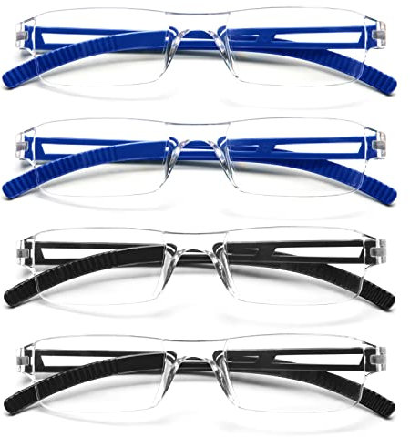 MMOWW 4er Pack randlose Lesebrille für Damen und Herren mit klarer rechteckigem Blaulicht-Blockierbrille (2 Schwarz+2 Blau, 2,0)