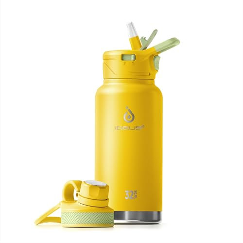 IDEUS Insulated Water Bottle with Straw 32 oz (950 ml), with 3 Leak-Proof Wide Mouth Lids Stainless Steel Water Bottles, Keeps Hot & Cold, Great for Hiking & Biking, Bright Yellow