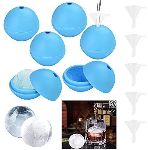 YAANBUNB 6 Stück Eiswürfelform Silikon Runde Eiskugelform Fußball Textur Eiswürfel Form mit Deckel Und Trichter Eisball Maker Groß Kugel Eiswürfelbehälter für Whisky Cocktails Bier Gekühlte Getränke