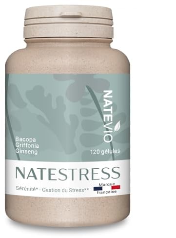 NATEVIO Natestress - Bacopa, Griffonia, Ginseng - Stress, Relaxation, Detente vitalité - Pilulier de 120 gélules - 100% Naturel - Sans dépendance ni accoutumance - - Fabriqué en France - Natevio