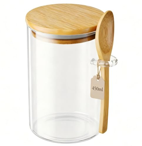 KOIKEY Glass Jars with Lids, 450ml Storage Jars With Bamboo Lid & Spoon | Tea Coffee Sugar Canisters, Airtight, Kitchen Storage & Organisation, Spice, Snacks
