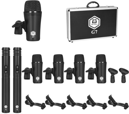 INMix G7 7-Piece Wired Dynamic Drum Mic Kit (Whole Metal)- Kick Bass, Tom/Snare & Cymbals Microphone Set - Use for Drums, Vocal, Other Instrument Complete with Thread Clip, Inserts, Mics Holder